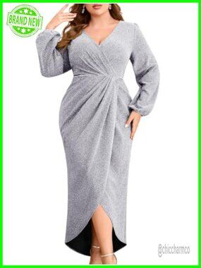 Plus Size Sparkly Cocktail Dress Wrap V Neck Ruched Waist Puff Sleeve Midi